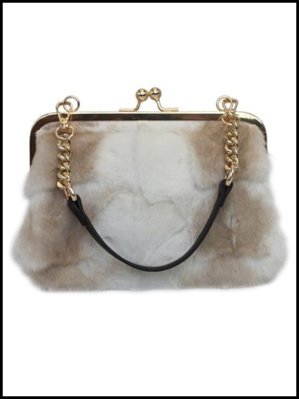 Natural Mink Fur Clutch Purse with Kisslock Closure and Adjustable Strap
